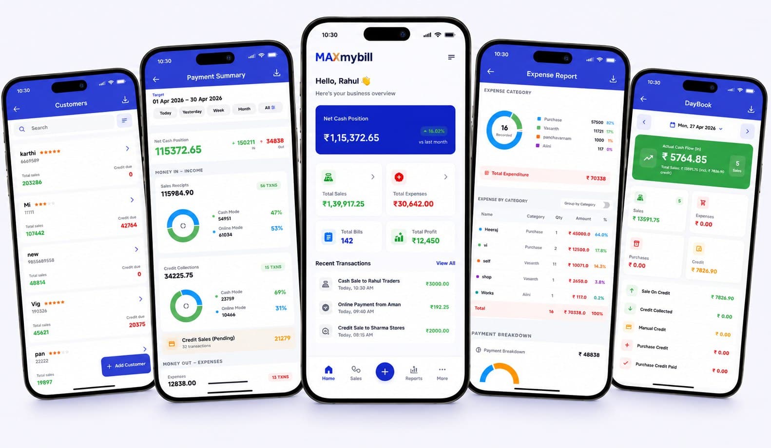 MAXmybill app screens — billing, reports, expense tracking and more